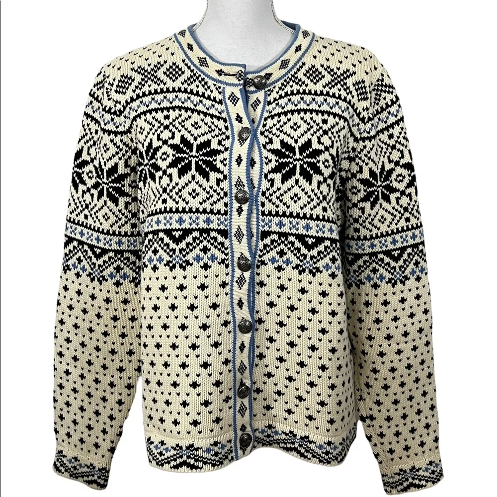 LL BEAN Cotton Cardigan Fair Isle Snowflake Nordic Print Pewter Button - Picture 1 of 10